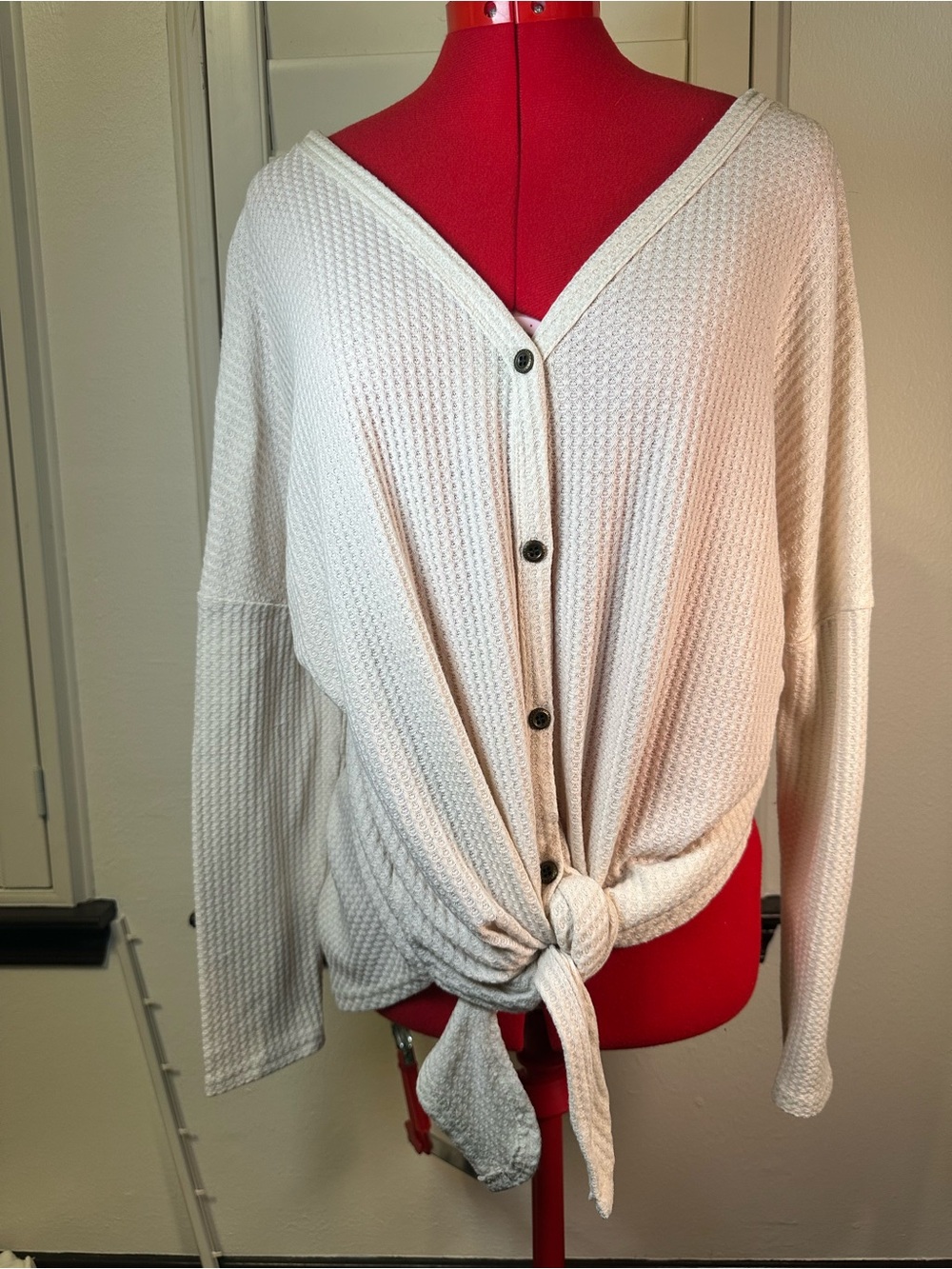 Tie-Hem V-Neck Button-Front Sweater in Cream